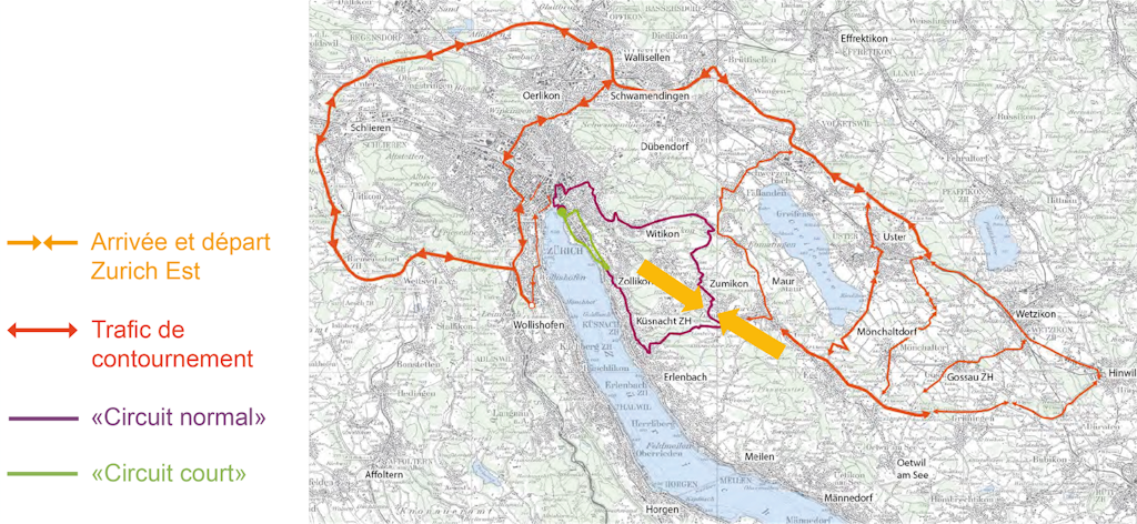 Carte de Zurich et de ses environs avec les circuits et les itinéraires de déviation qui contournent largement les zones de course.