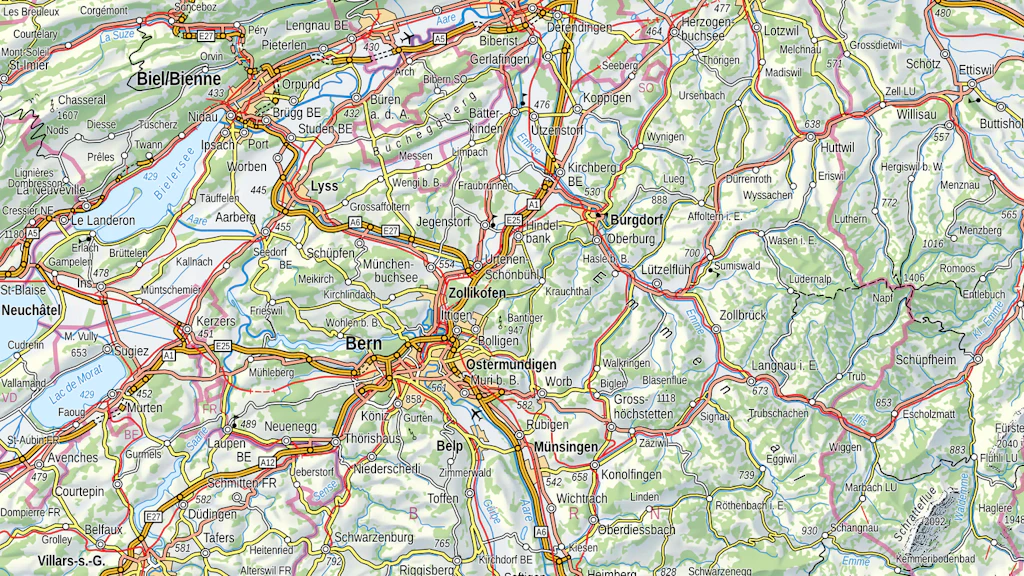 Extrait de Swiss Map Vector 500, région Biel/Bienne, Berne, Emmental