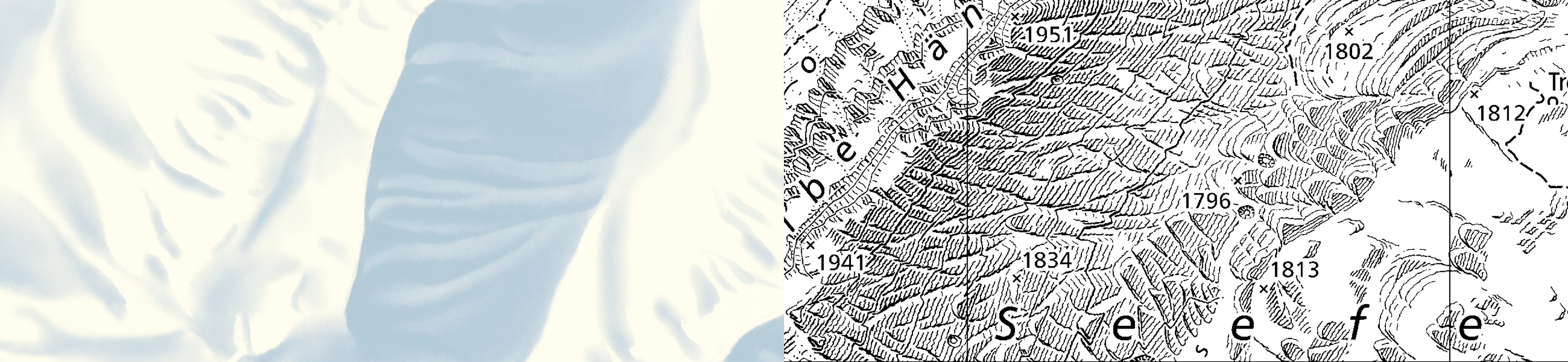 L’éclairage pour le relief semble venir d’en haut à gauche (du nord-ouest) (à gauche). La représentation de la roche renforce l'effet tridimensionnel (à droite).