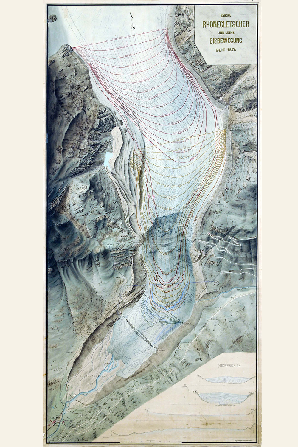 Carte du glacier du Rhône à l’échelle 1 : 2000, dessinée en 1882.