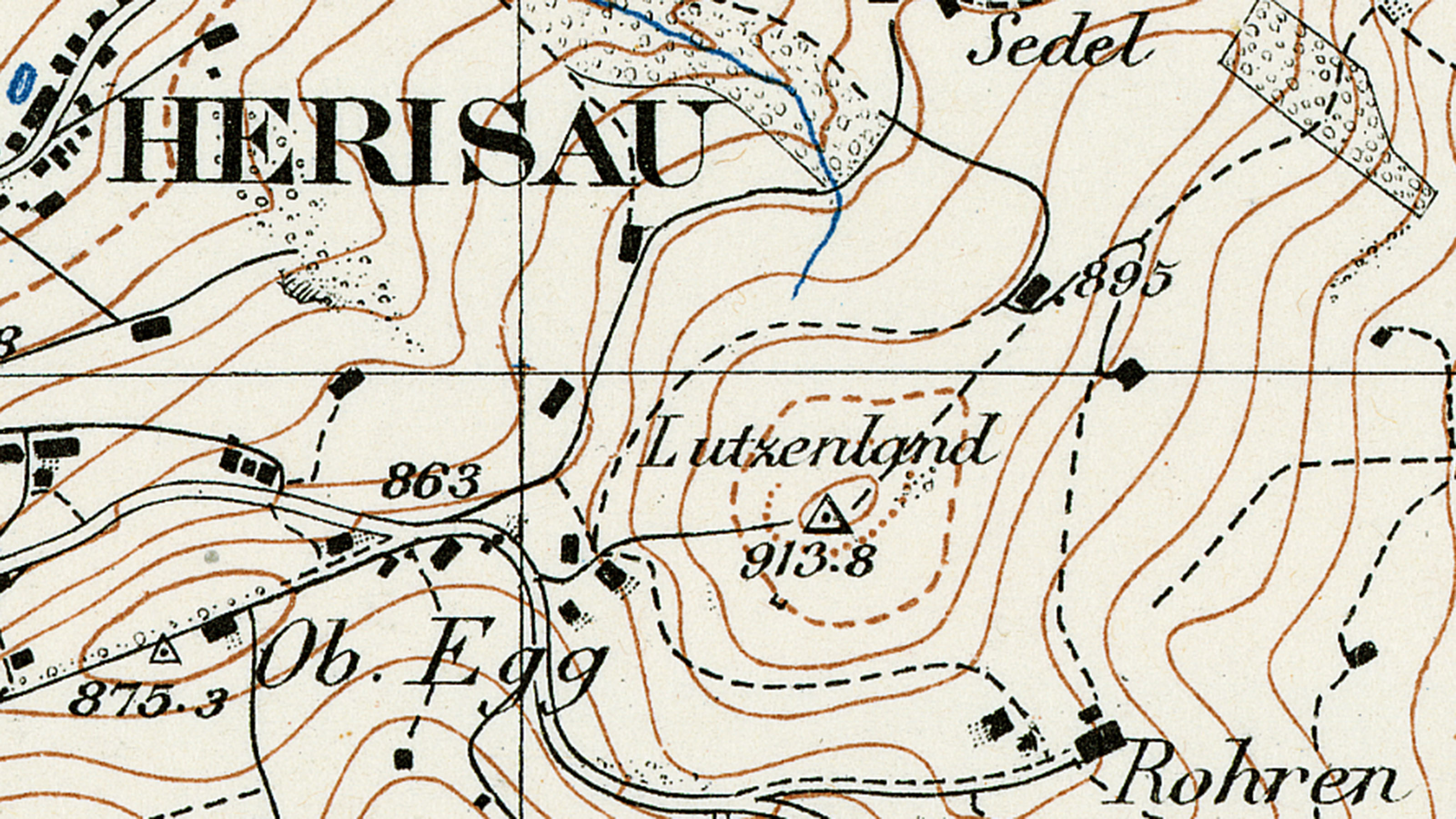 Extrait de la carte Siegfried. Le point de triangulation de Lutzenland près de Herisau est indiqué par un triangle.