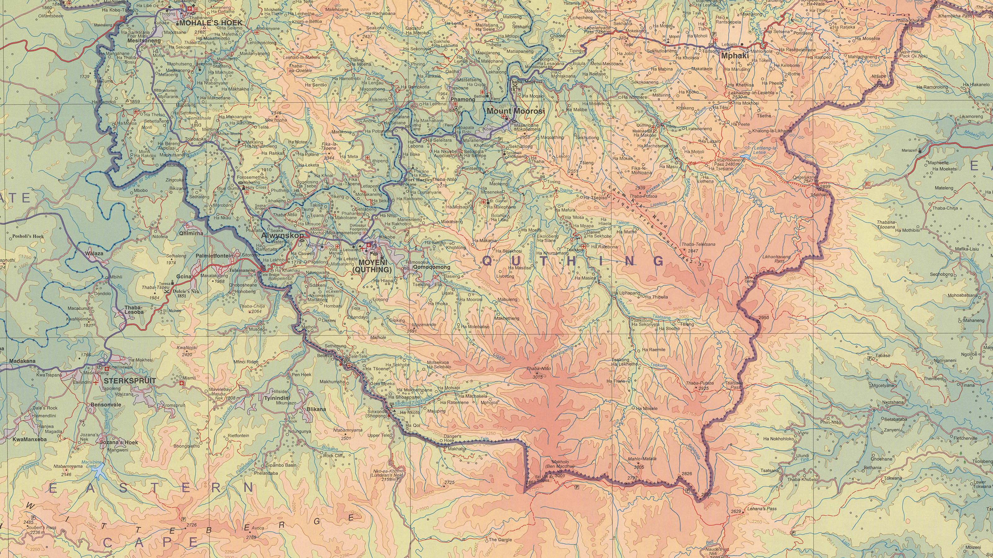 Carte de la moitié sud du Lesotho. Les couleurs dominantes sont le vert sur les plateaux fertiles et l'ocre dans les zones montagneuses.