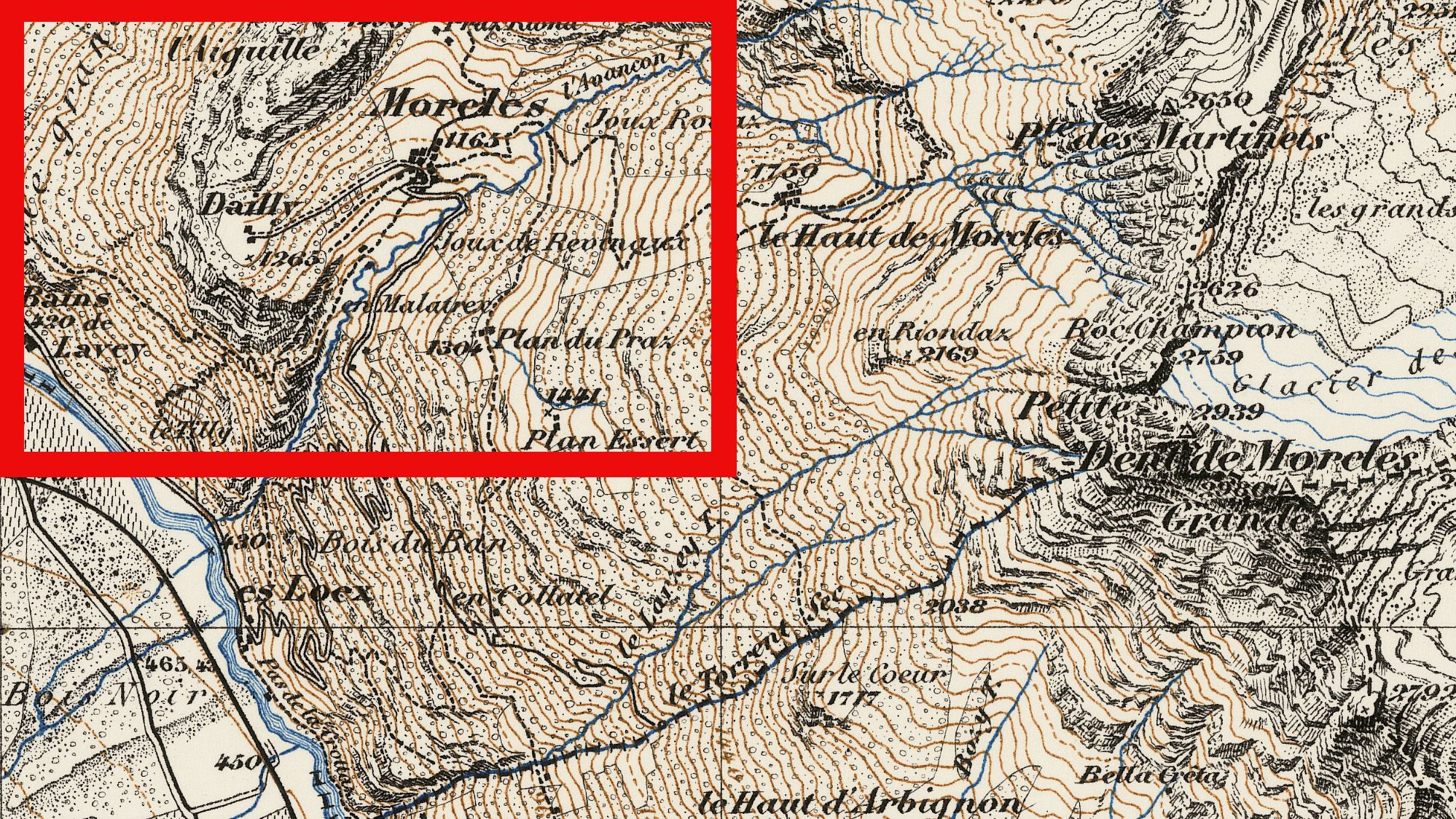 Extrait de la carte Siegfried de 1880 dans la région de Morcles.