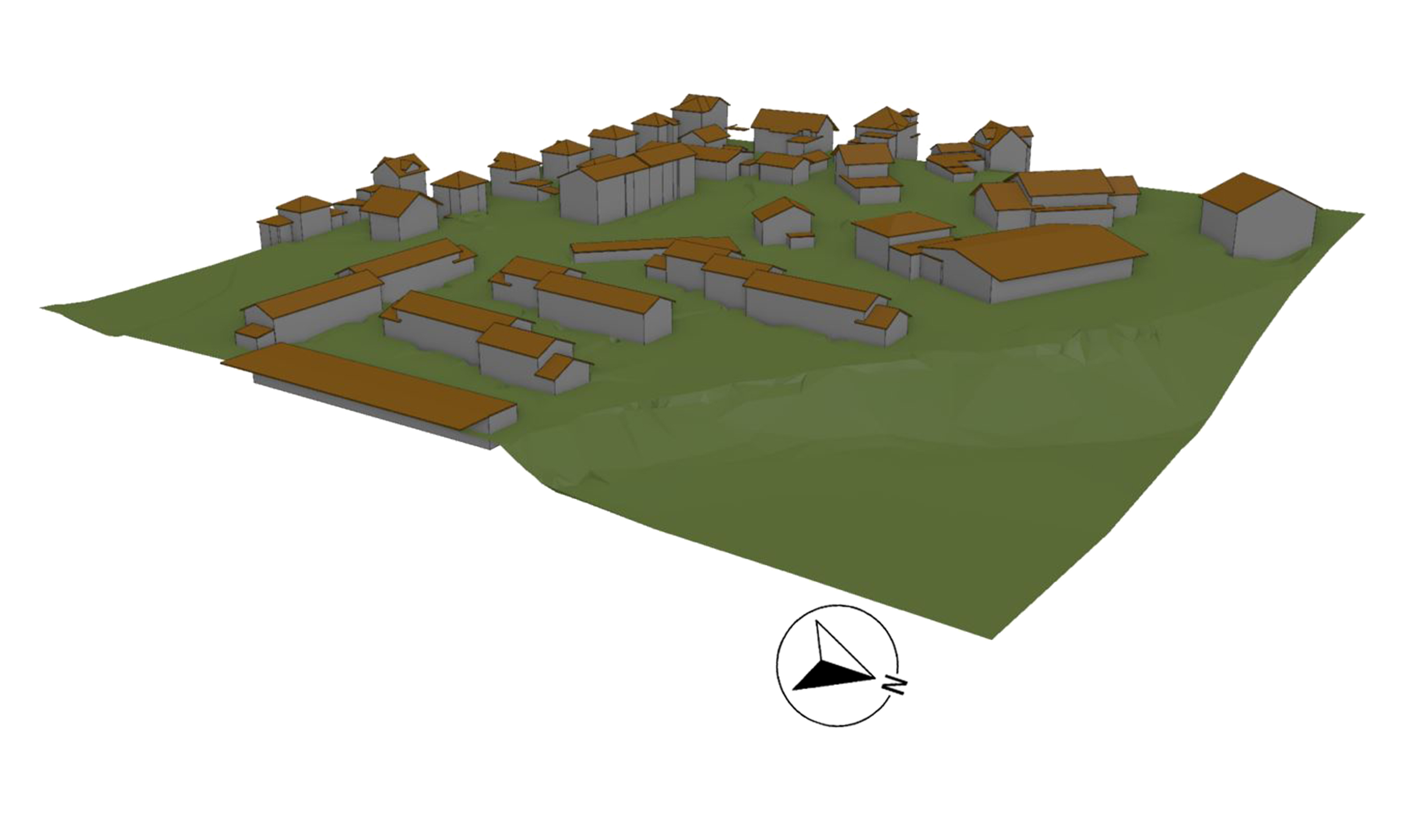 Représentation de bâtiments en 3D vus du ciel avec une surface de terrain de couleur vert forêt.