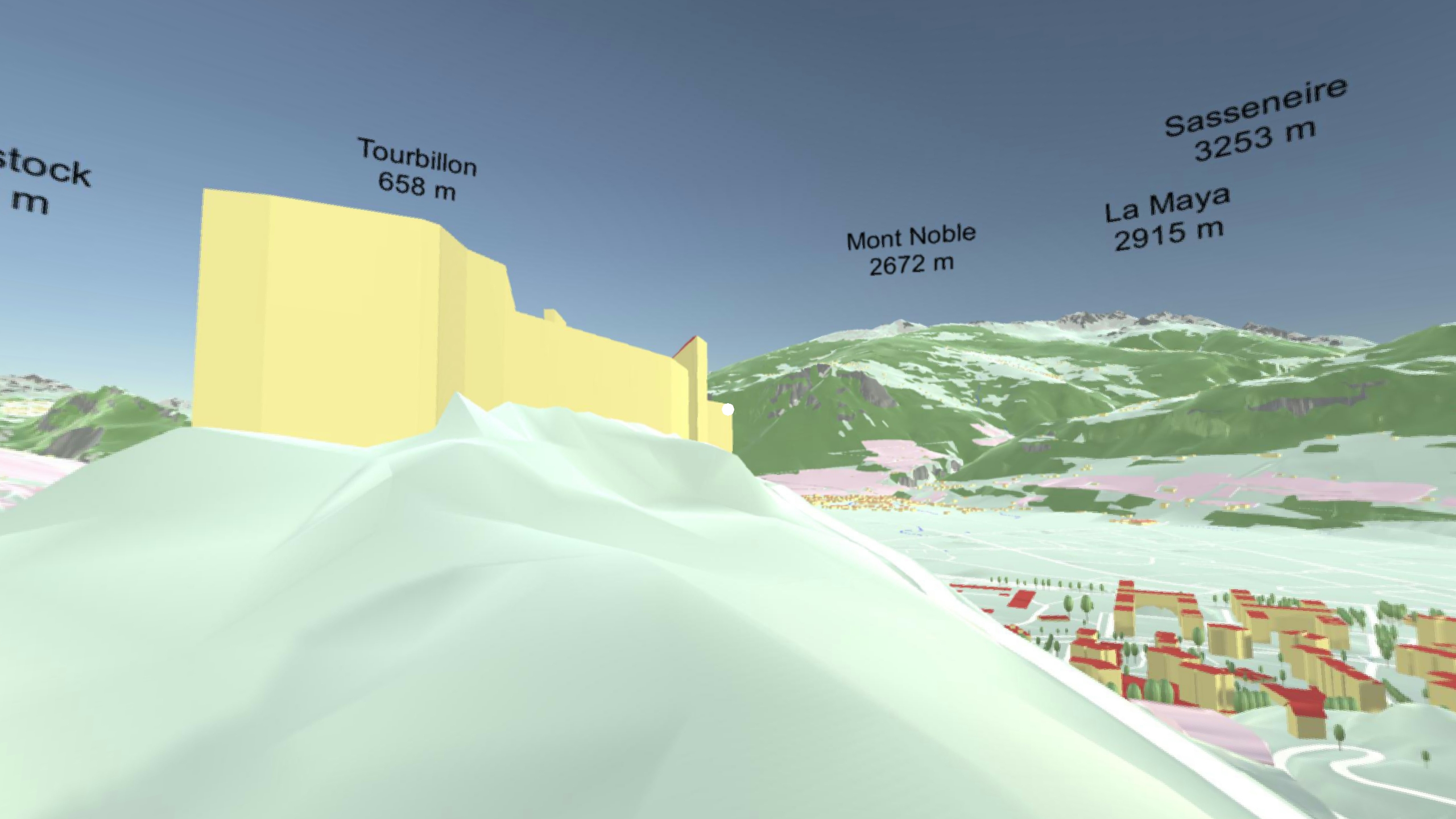Château Tourbillon, représentée avec les données des produits swissBUILDINGS3D 2.0, swissTLM3D, swissALTI3D et swissNAMES3D