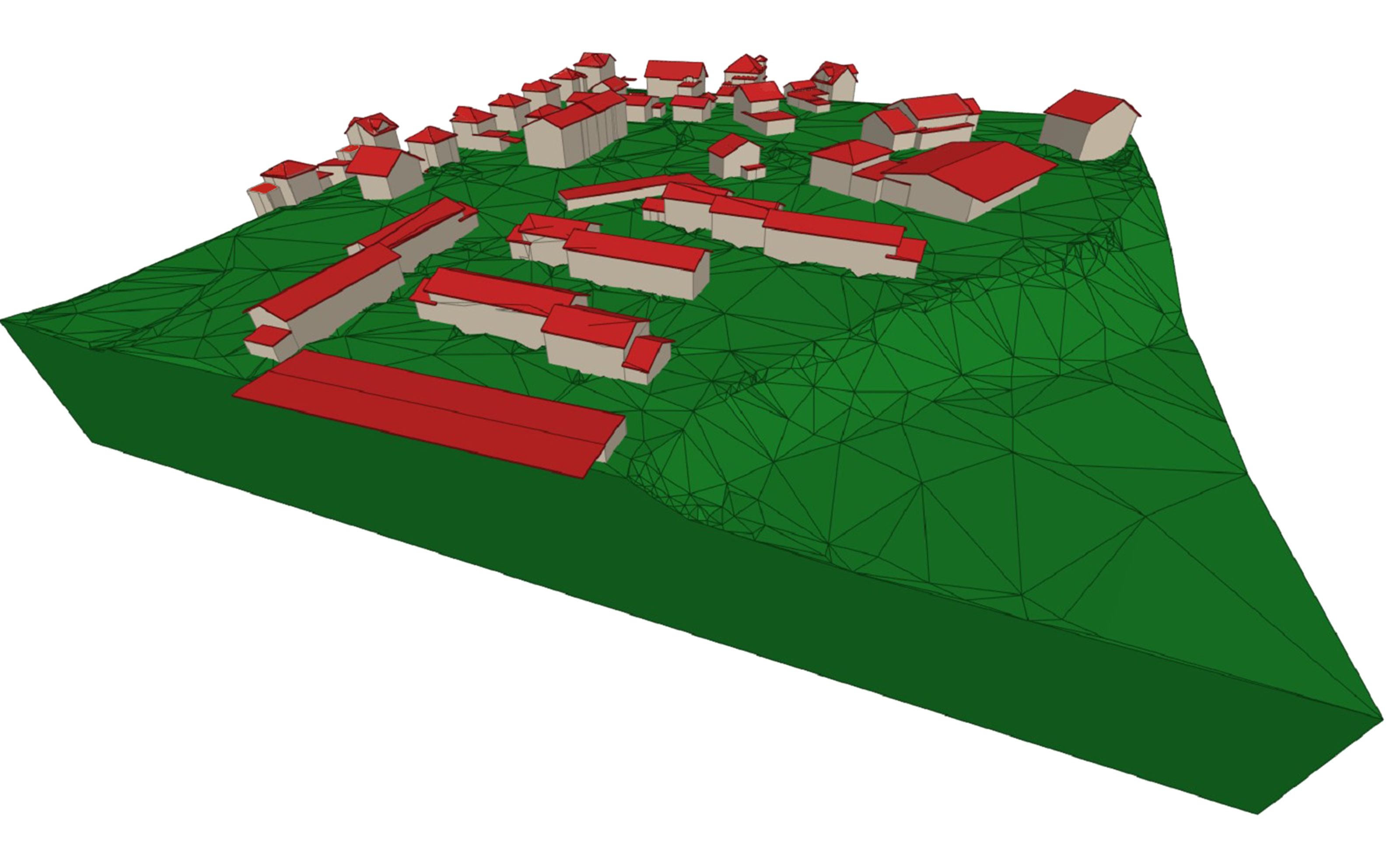 Représentation de bâtiments en 3D vue du ciel avec un solide de terrain de couleur verte.