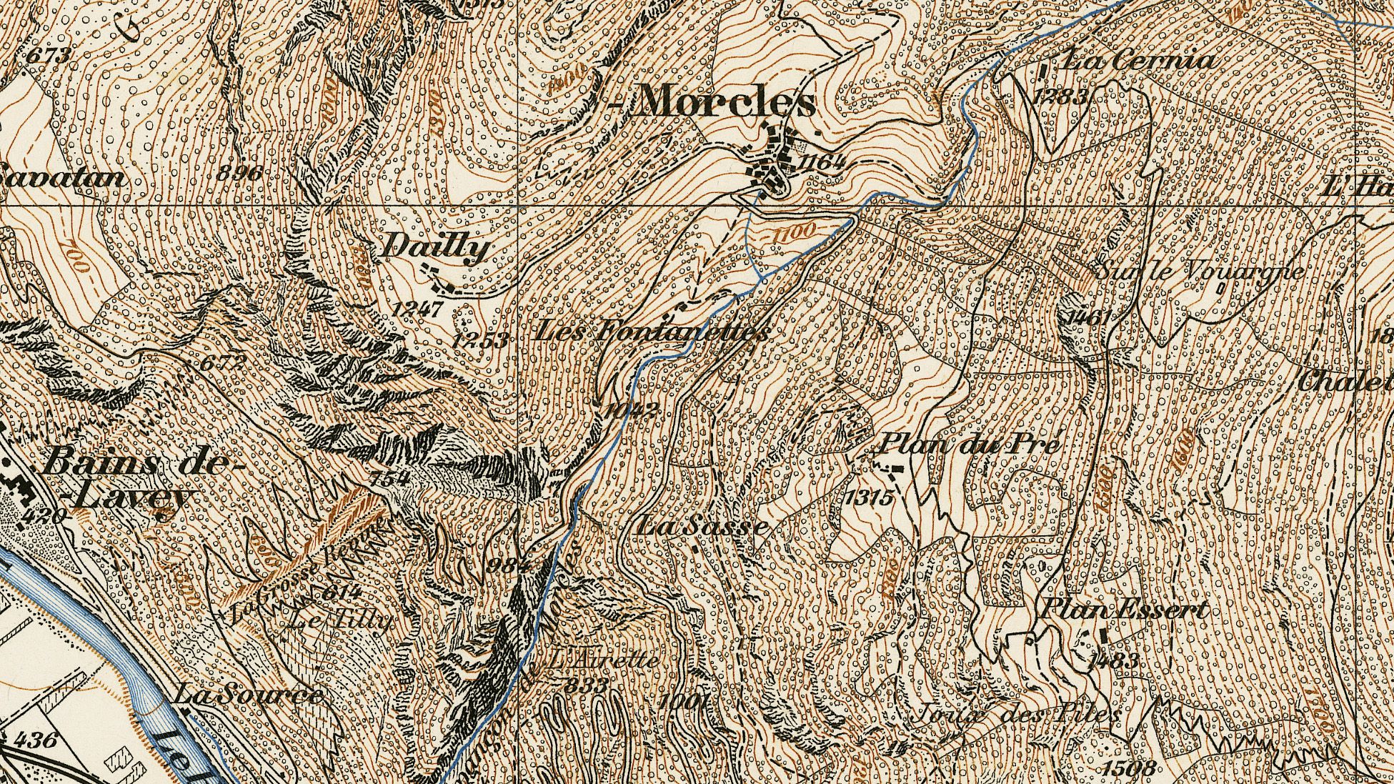 Extrait de la carte Siegfried au 1:25 000 de 1908, région de Morcles.