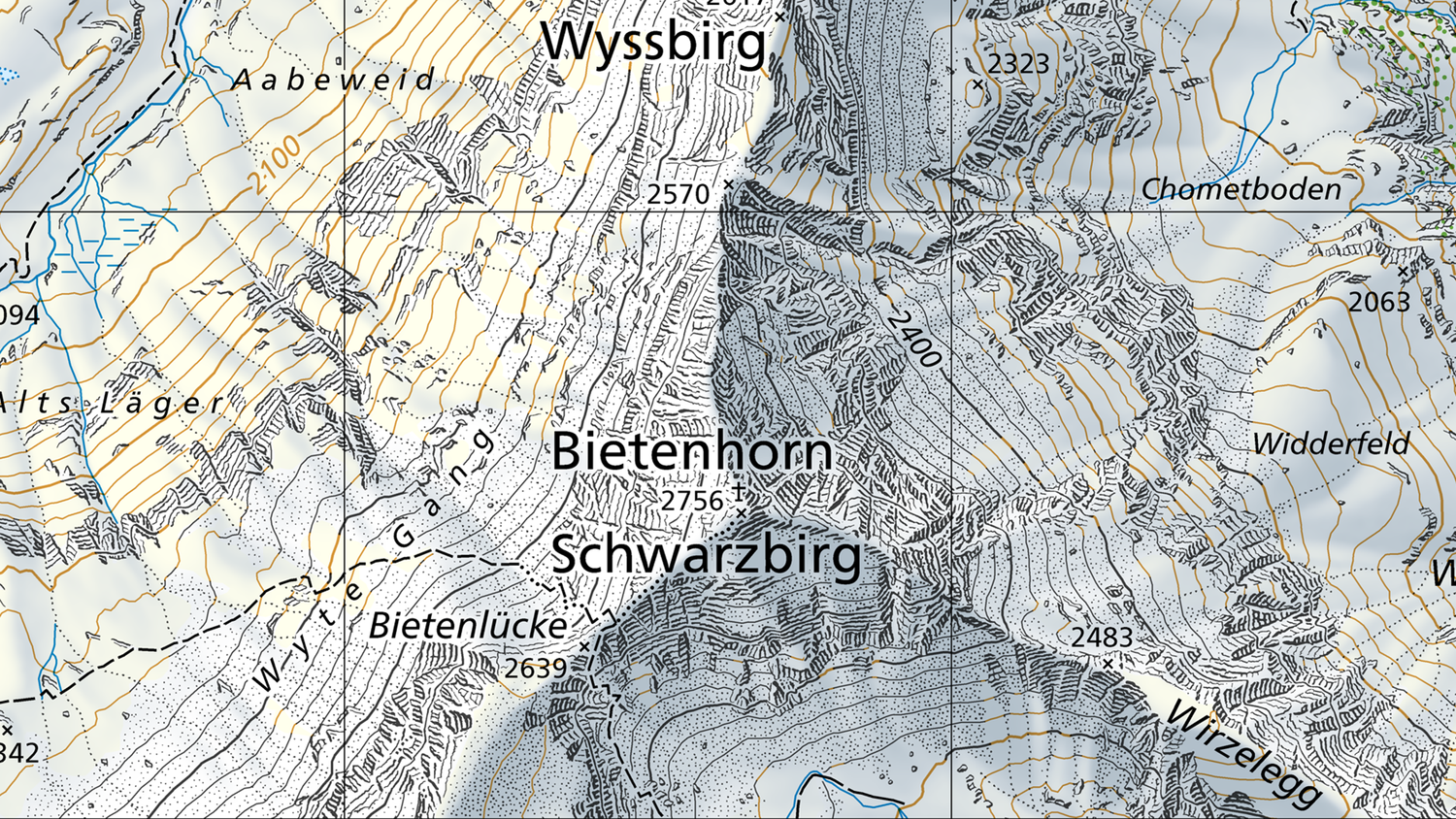 Endonymes Bietenhorn Schwarbirg sur la carte nationale 1:25'000