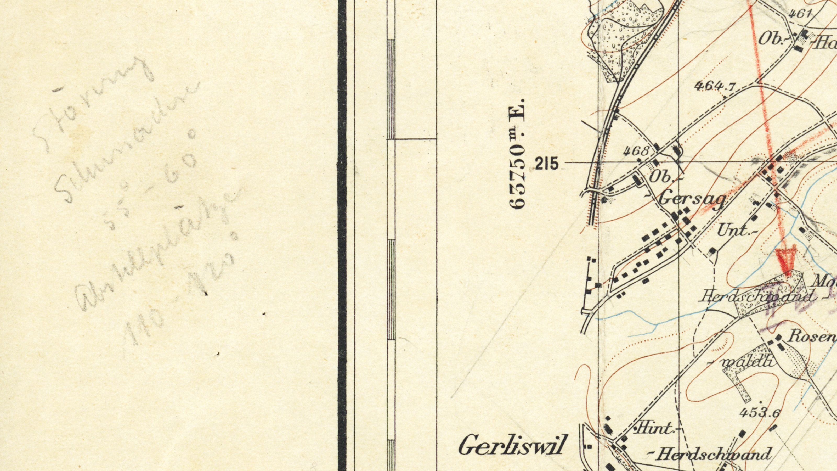 Extrait de la carte Siegfried de 1947. Sur le bord gauche de la carte, des obstacles à l'aviation sont notés au crayon.