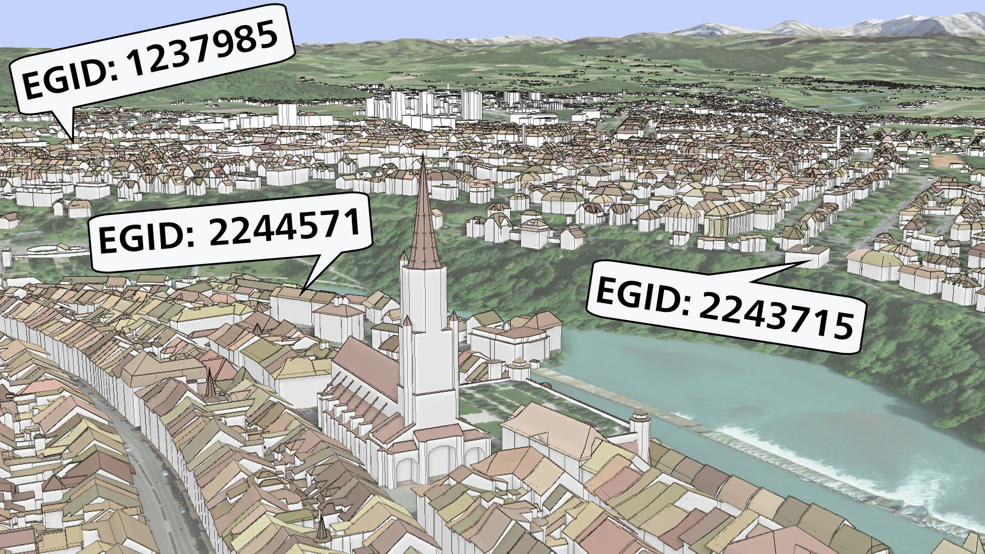 L'image montre des modèles de bâtiments en 3D de la ville de Berne intégrés dans un modèle 3D texturé avec une photo aérienne.