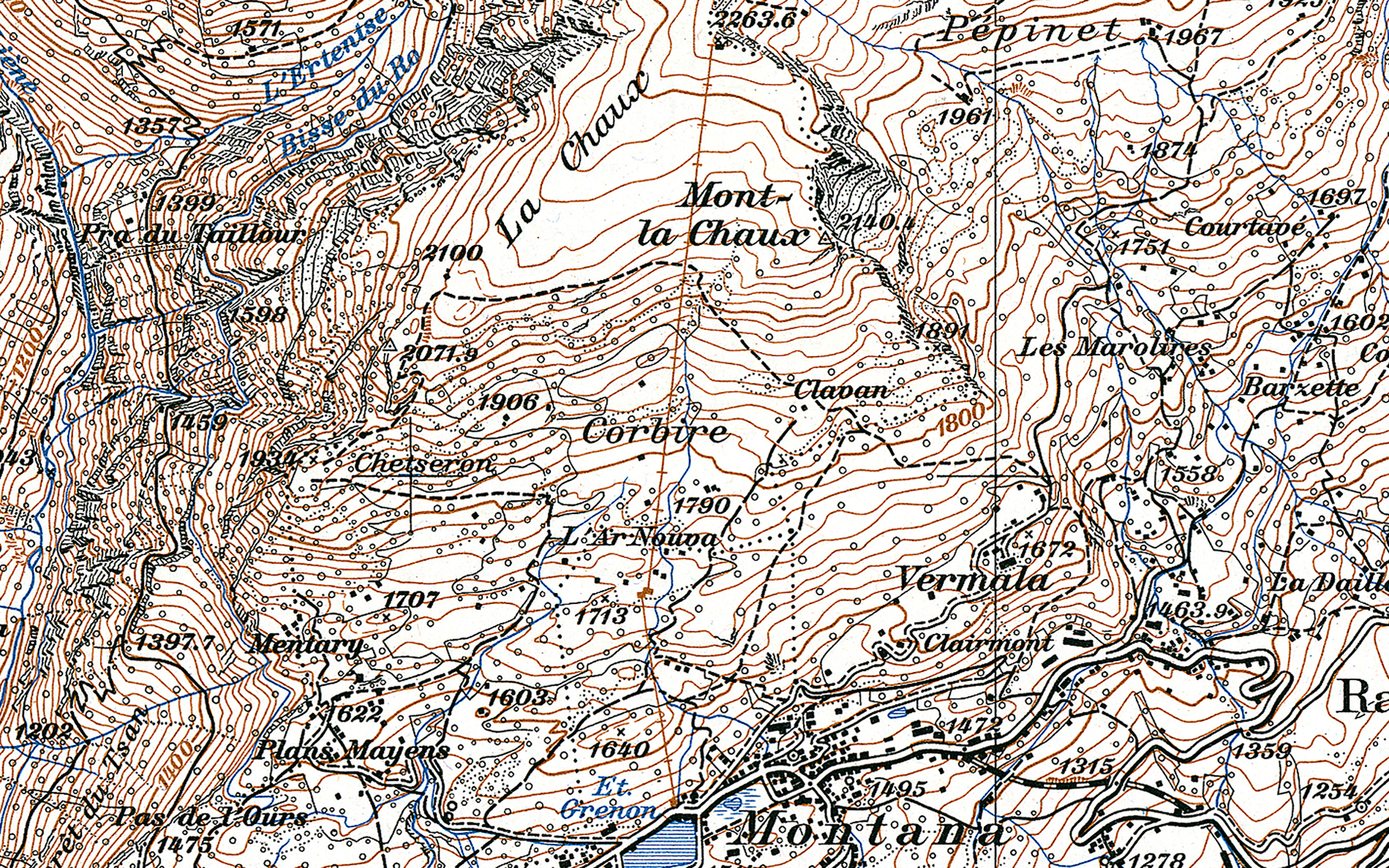 Extrait de Crans-Montana de la carte nationale de 1946 avec le téléski inscrit près de Montana.