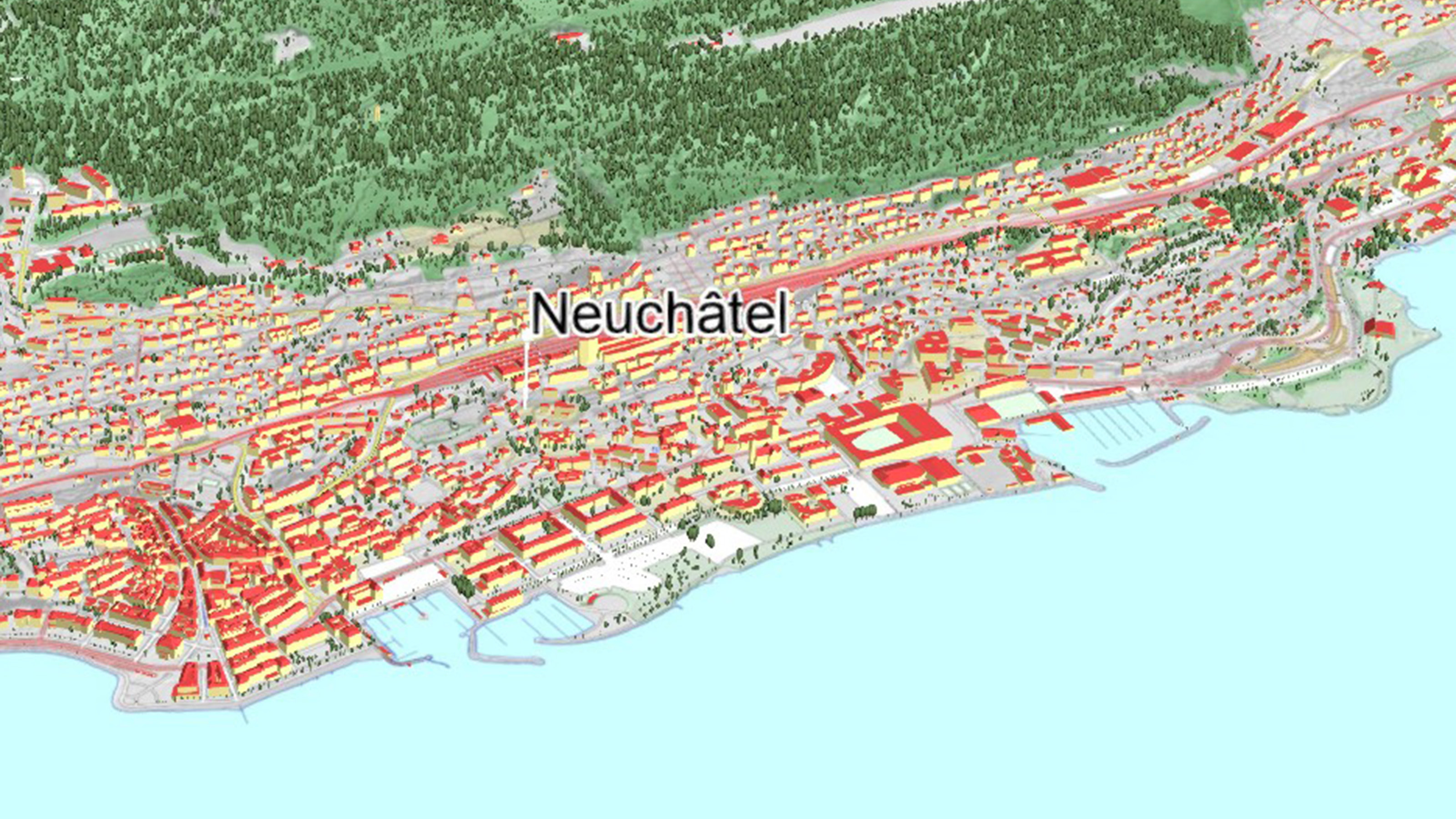 Représentation virtuelle de la ville de Neuchâtel, vue oblique d'en haut
