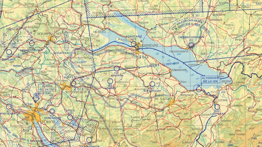 Extrait de la carte OACI de 1964 avec les zones de vol à basse altitude