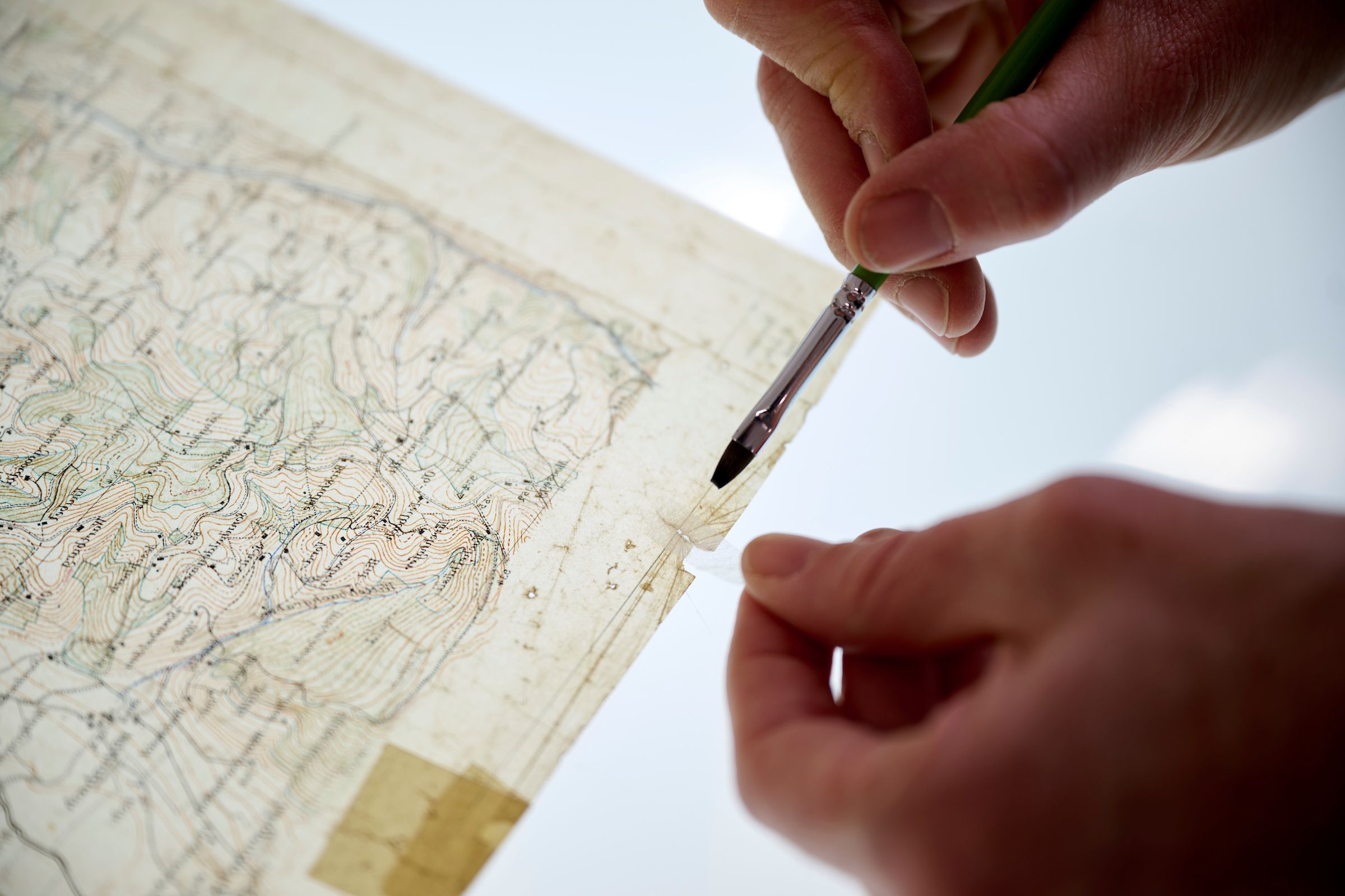 Lea Dauwalder restaure une carte dessinée à la main sur du papier transparent sur la table éclairée de l'atelier.