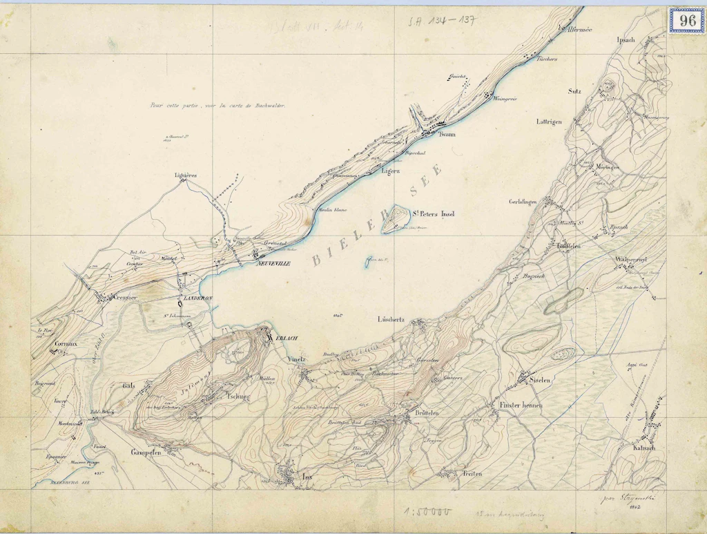 Levé original multicolore et dessiné à la main représentant le lac de Bienne et ses environs.