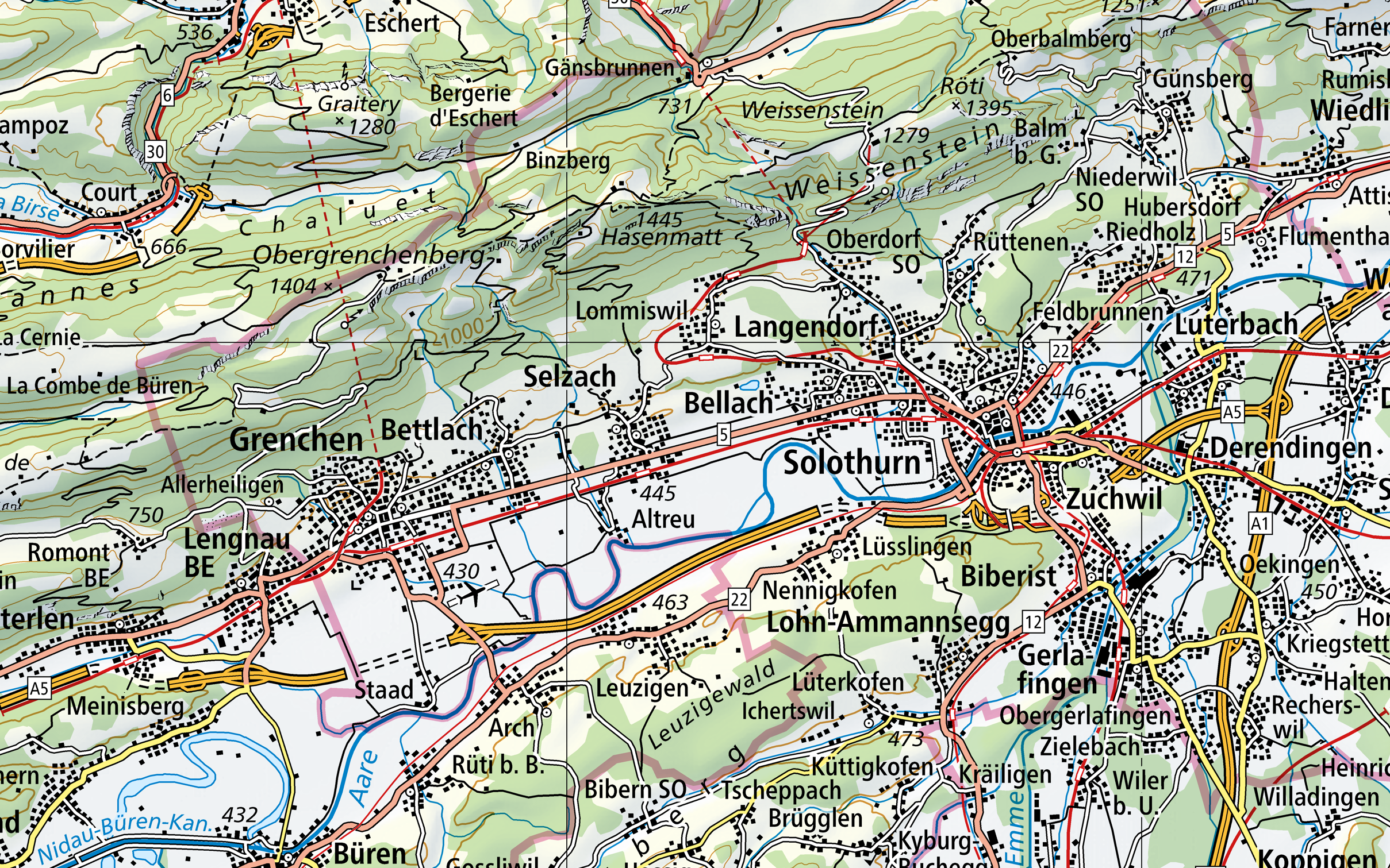 L'image montre un extrait de la carte Swiss Map Raster 200 de la région de Soleure à Pieterlen avec le Weissenstein.