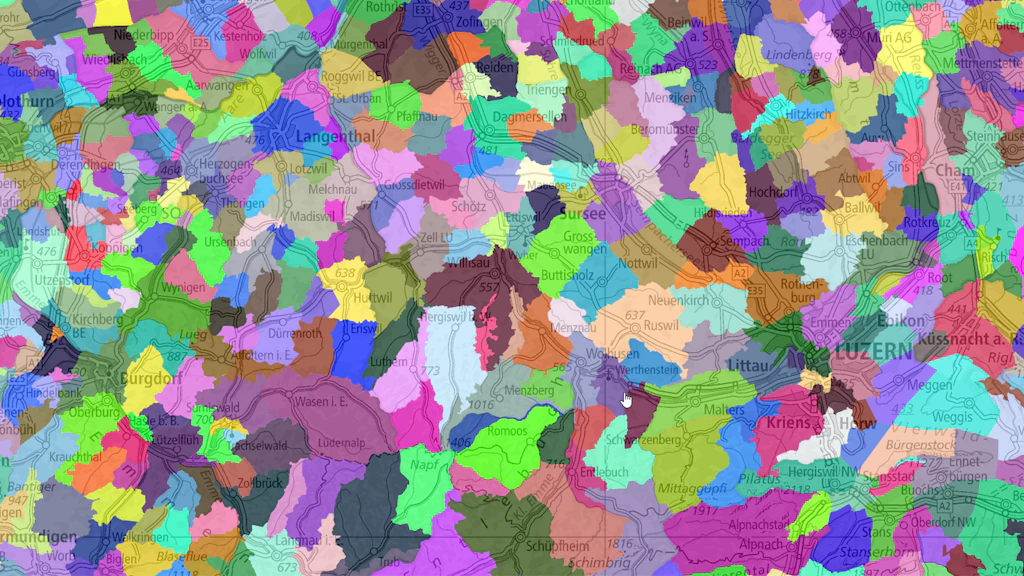 L'image montre un extrait de carte de Lucerne à Soleure, avec coloration des périmètres du répertoire officiel des localités.