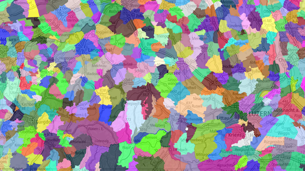L'image montre un extrait de carte de Lucerne à Soleure, avec coloration des périmètres du répertoire officiel des localités.