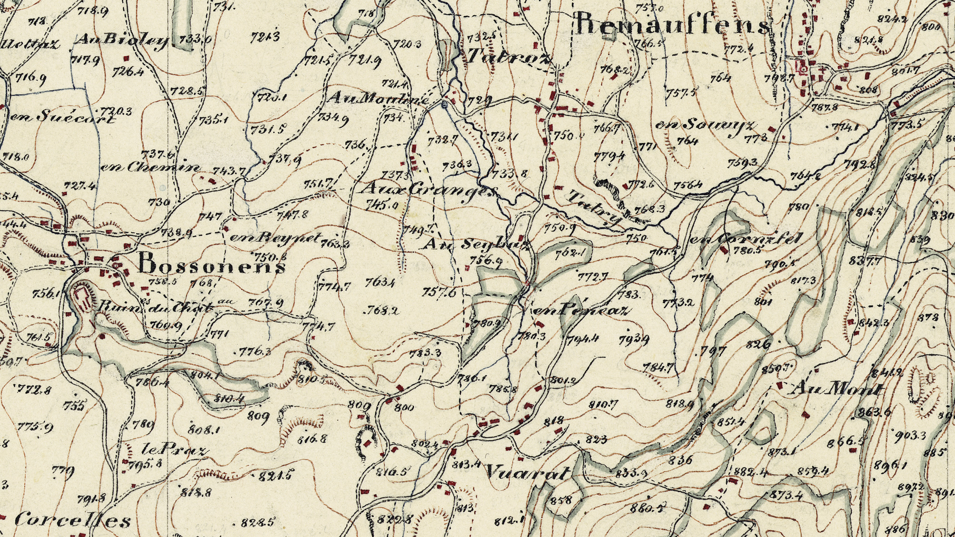 Levé original de Stryienski dans la région de Fribourg, qui contient d'innombrables indications d'altitude.