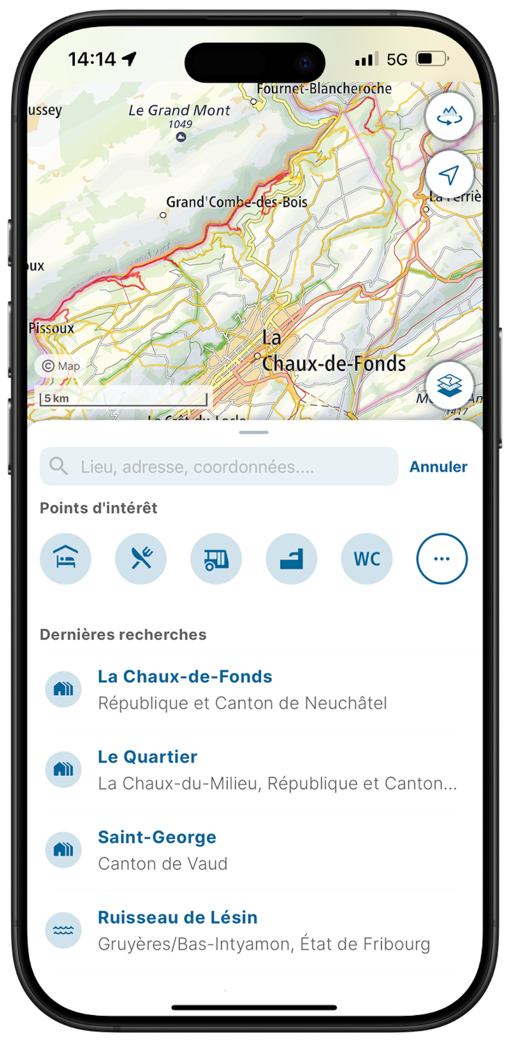 Screenshot de l'app swisstopo avec l'historique de recherche