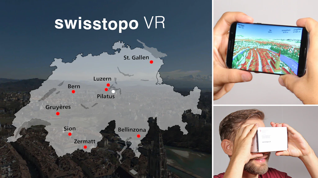 Extrait de l'App avec les huit scènes disponibles: Bellinzona; Bern; Gruyères; Luzern; Pilatus; Sion; St. Gallen und Zermatt