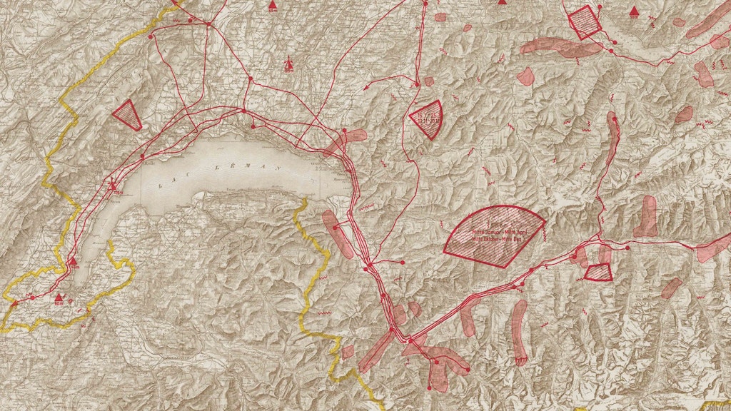 Carte des obstacles à la navigation aérienne de 1947, extrait du lac Léman et du Valais avec annotations en rouge