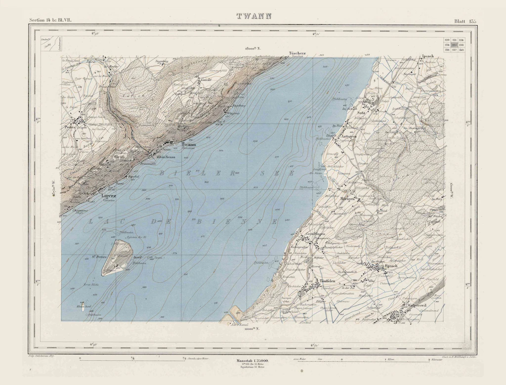 Feuille tricolore de la carte Siegfried, avec le lac de Bienne (en bleu) au centre.
