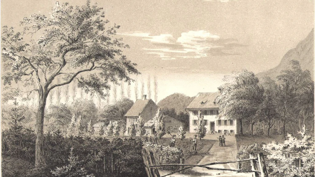 Gravure de Rudolf Leuzinger représentant la colonie de Linth avec des arbres, des bâtiments, un chemin et un champ.