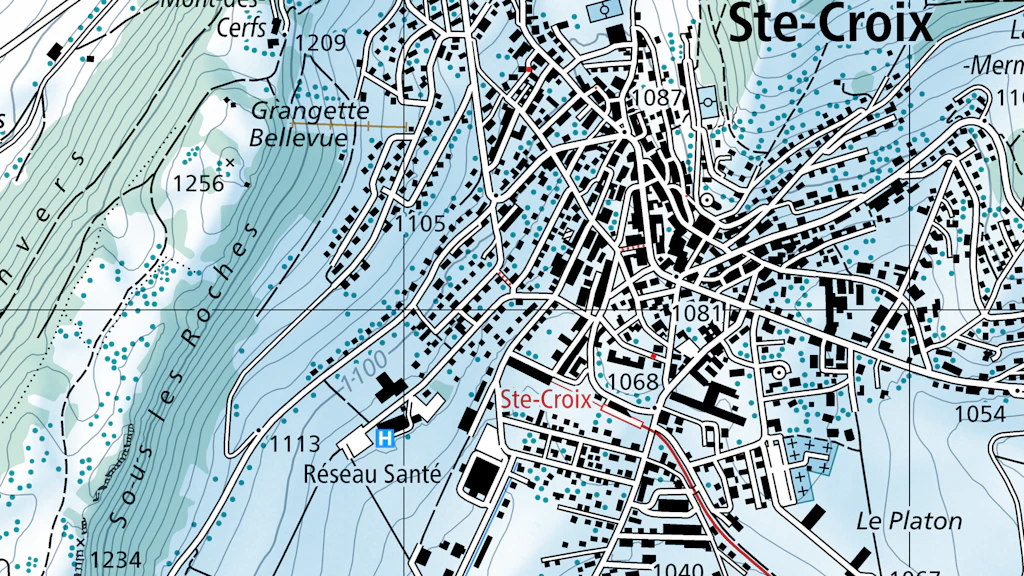 L'image montre un extrait de carte de Ste-Croix en couleurs hivernales.