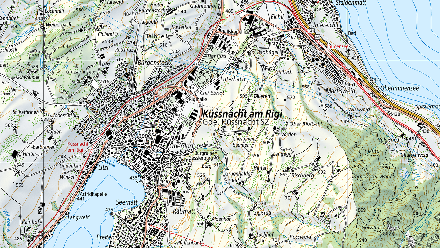 Extrait de la carte nationale de la région de Küssnacht am Rigi avec lac, montagnes, routes