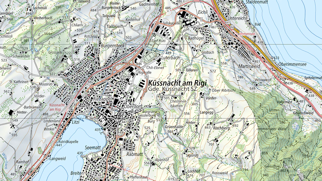 Extrait de la carte nationale de la région de Küssnacht am Rigi avec lac, montagnes, routes