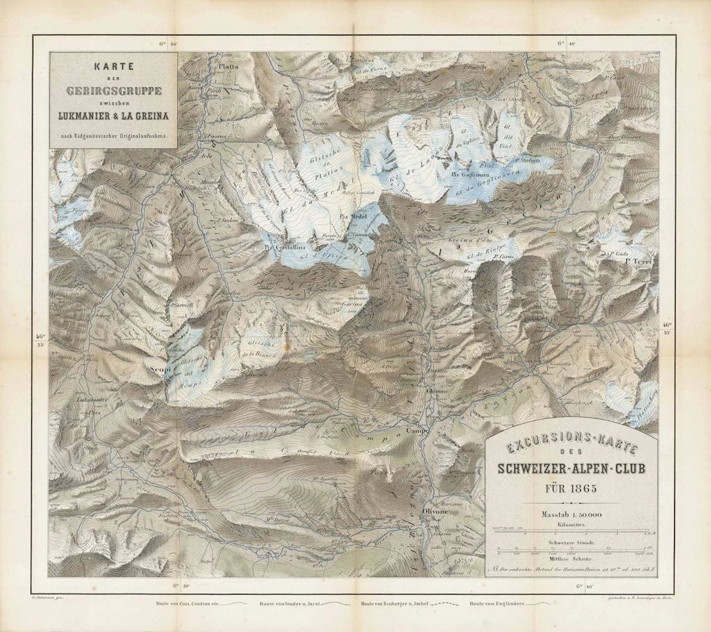 Carte multicolore représentant les montagnes de la région du Lukmanier et de La Greina sous forme de représentation en relief et avec des nuances de relief.