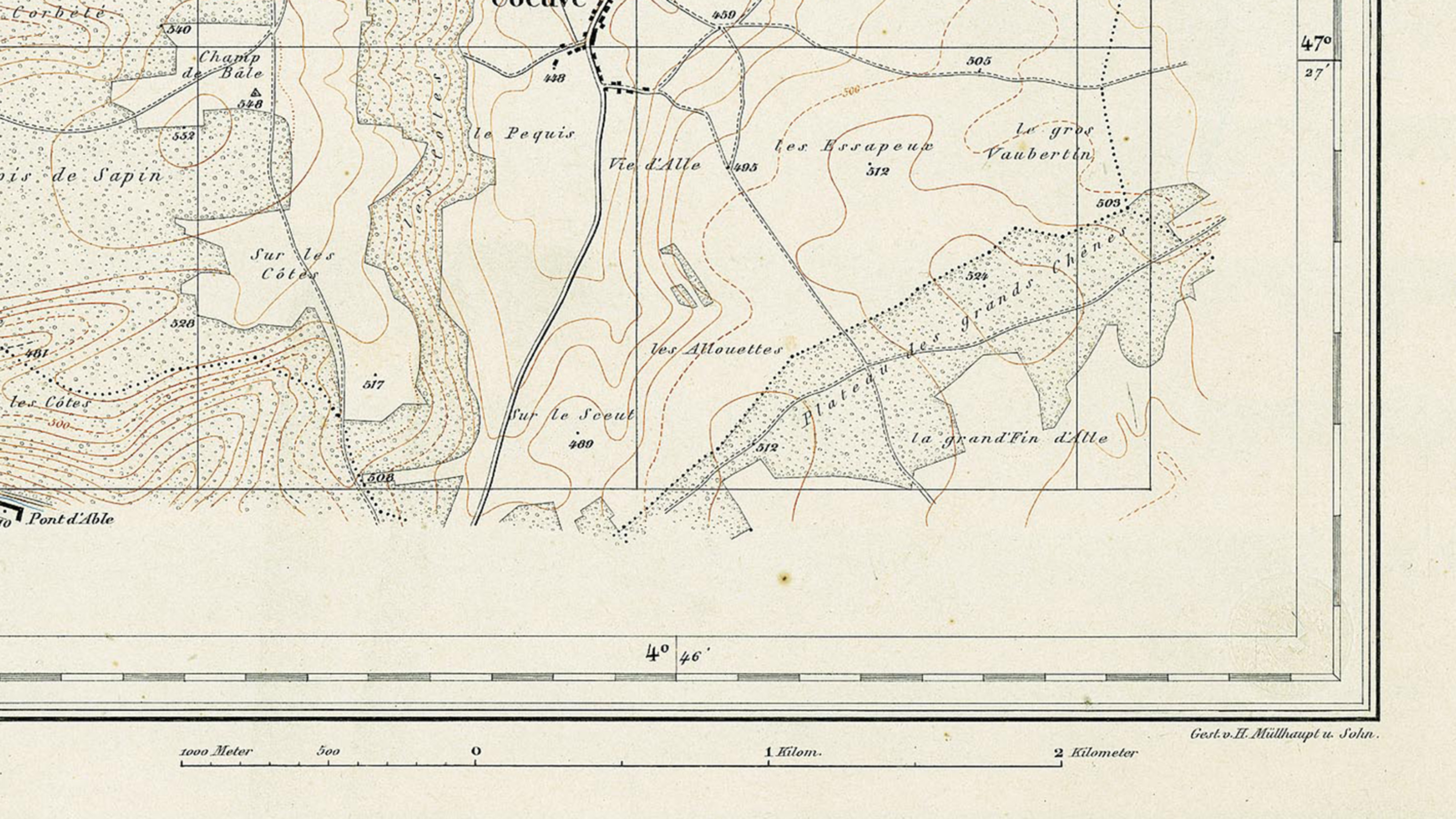 Détail d'une feuille de la carte Siegfried. Sur le bord de la carte, on peut voir une référence à l'entreprise Müllhaupt und Sohn.