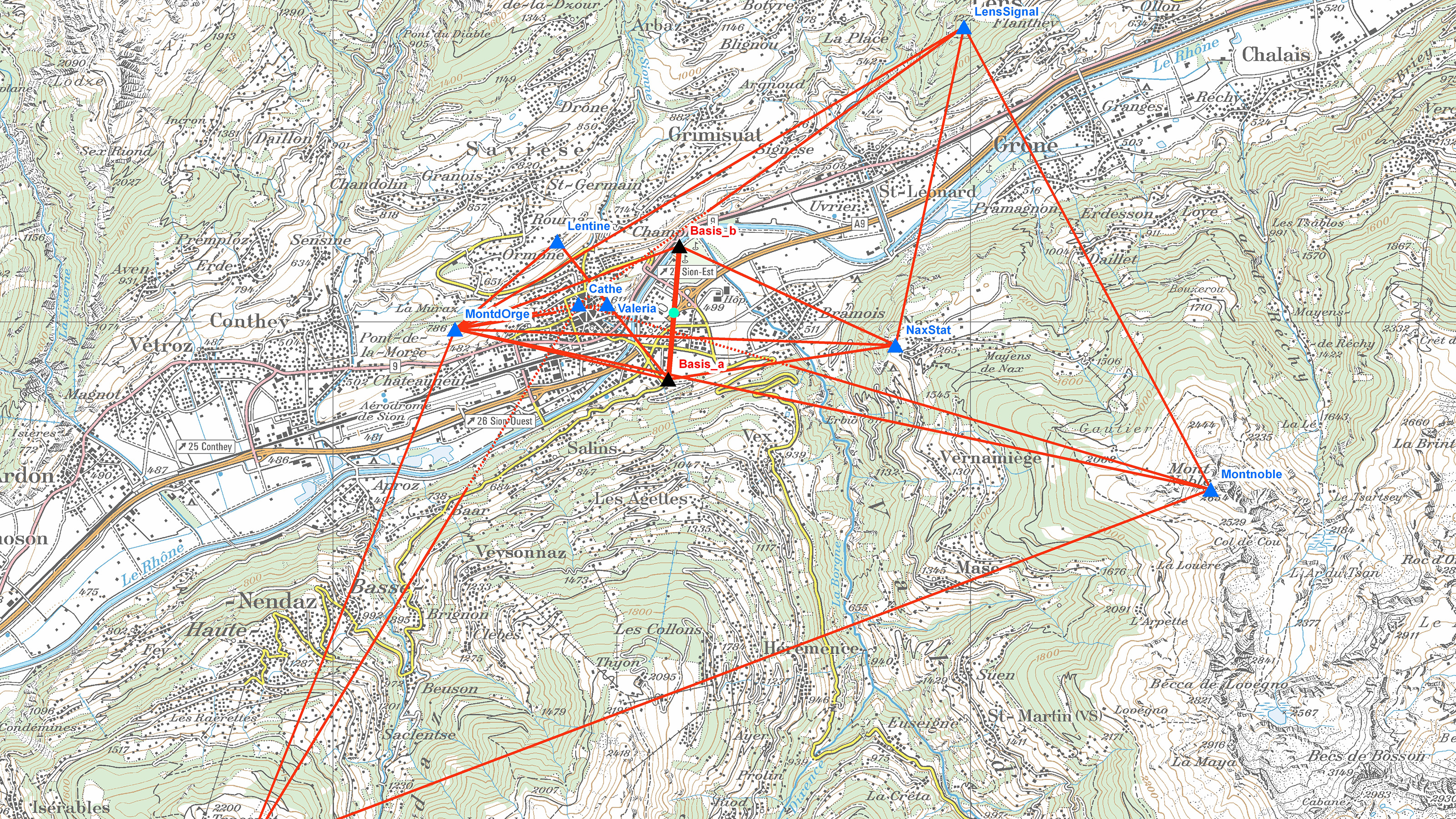 Réseau partiel en vue de l’intégration de la base de Sion dans le système de référence actuel.