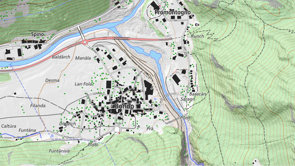 L'image montre un extrait de la carte swissTLM à Bondo.