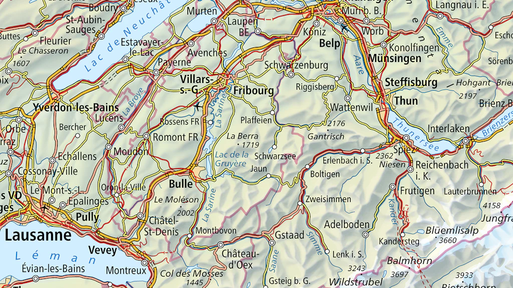 L'image montre un extrait de Swiss Map Raster 1000 de la région Lausanne - Berne - Interlaken.