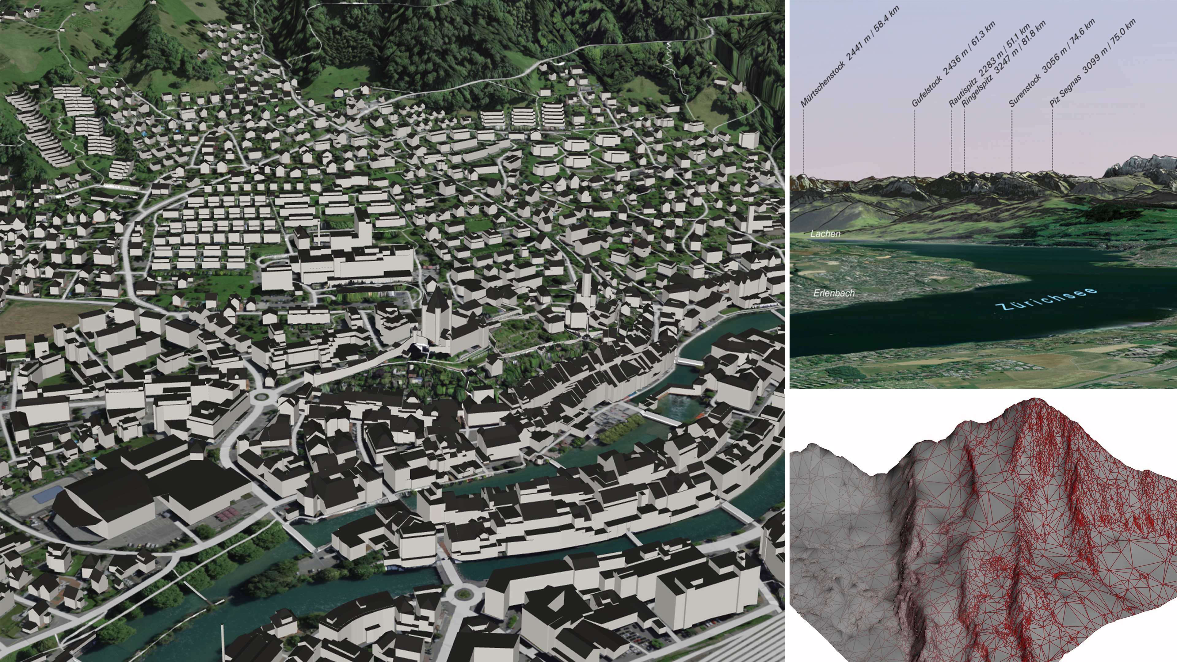 L'image de couverture montre trois offres de services de swisstopo avec le paquet 3D au format OBJ sur la gauche et le digirama ainsi que le terrain au format FBX sur la droite.