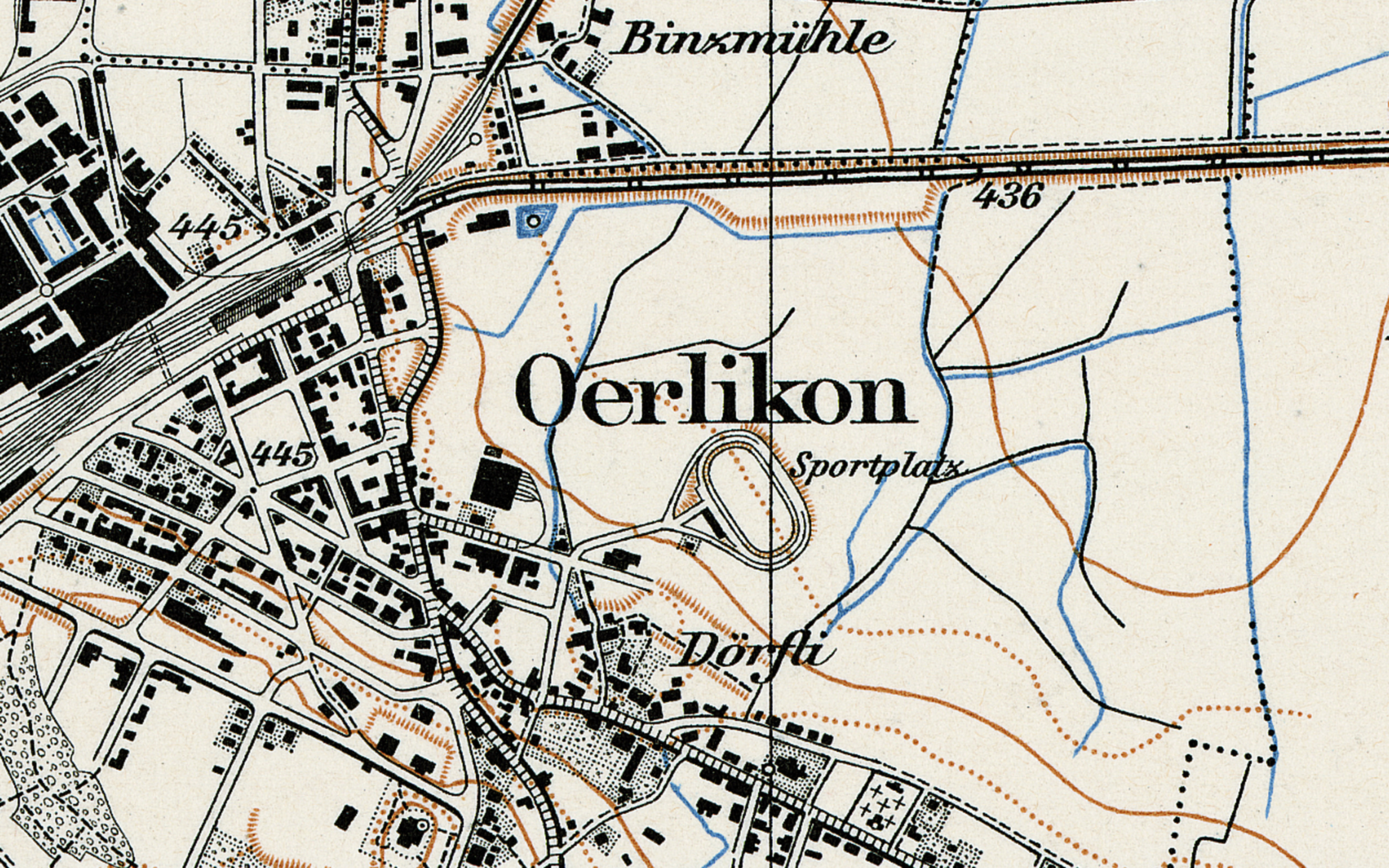 Extrait de la carte Siegfried avec mention du "terrain de sport" près d'Oerlikon.
