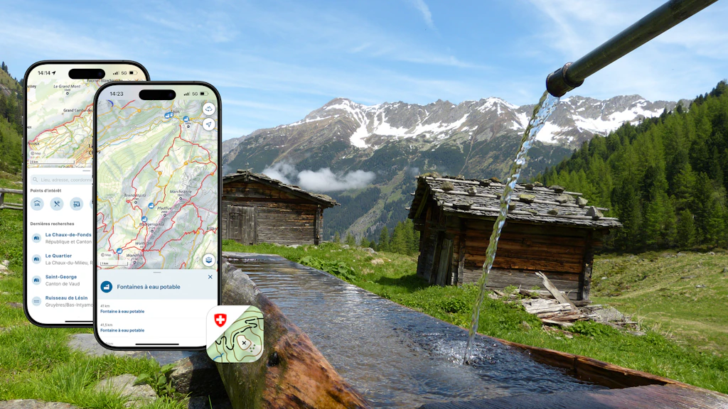 Fontaine dans les montagnes avec screenshots de l'update de l'app