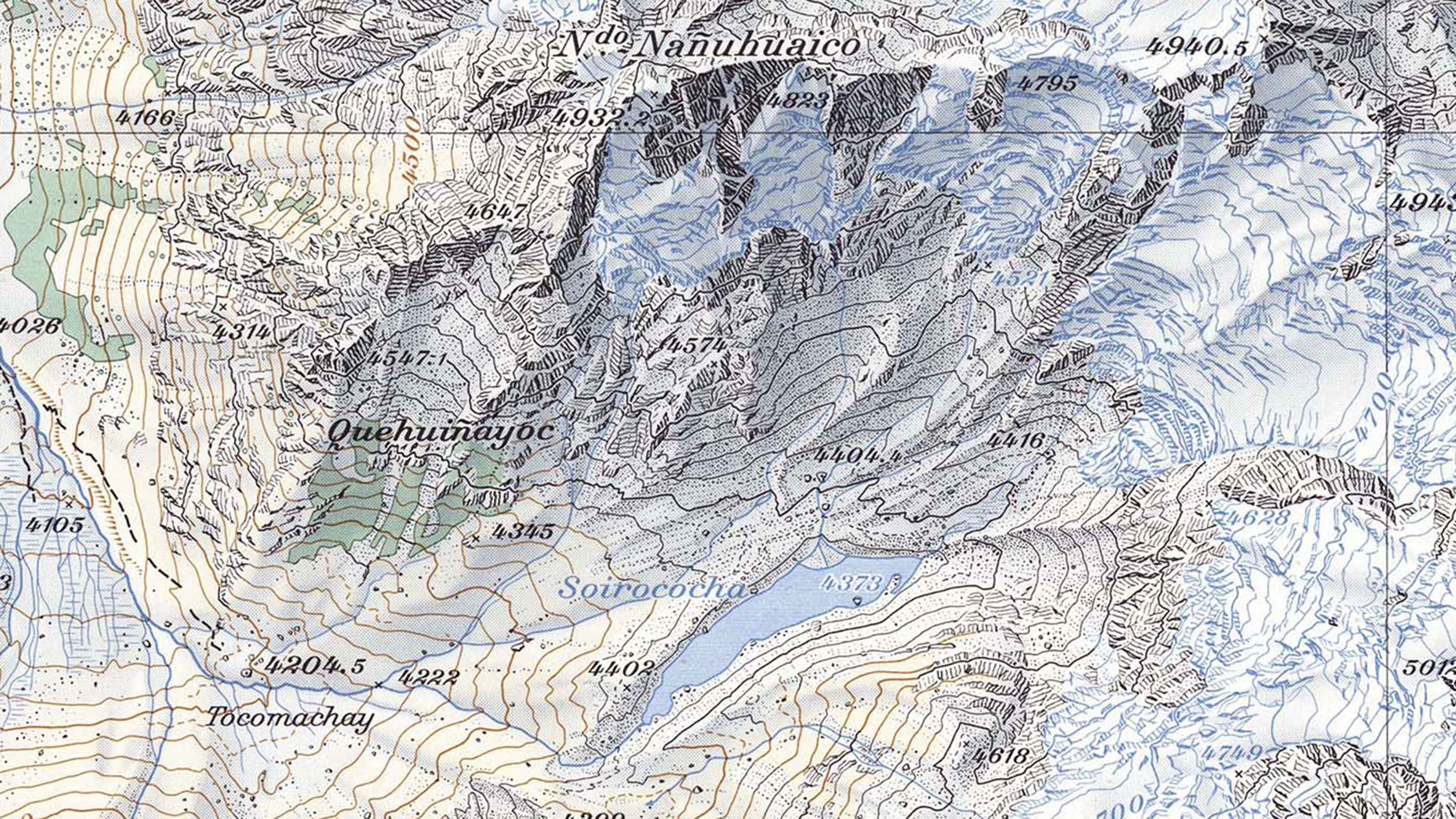 Extrait de la carte "Panta". Elle montre les montagnes péruviennes, les glaciers, les prairies et les cours d'eau à la manière suisse.