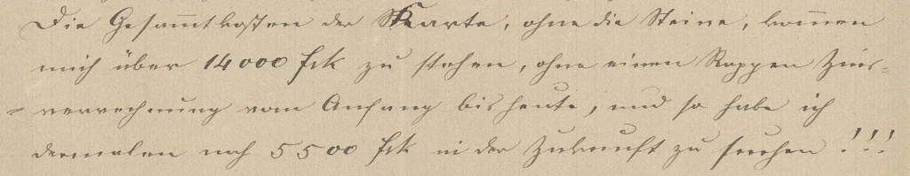 Extrait d'une lettre de Rudolf Leuzinger. Elle est rédigée en écriture cursive. À la fin de la phrase, Leuzinger a mis trois points d'exclamation.