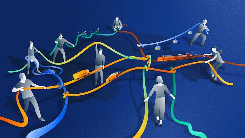 Illustration représentant plusieurs personnes créant ensemble un réseau interconnecté à partir de différents tronçons. Les tronçons symbolisent les routes, les voies ferrées, les téléphériques et les voies navigables.