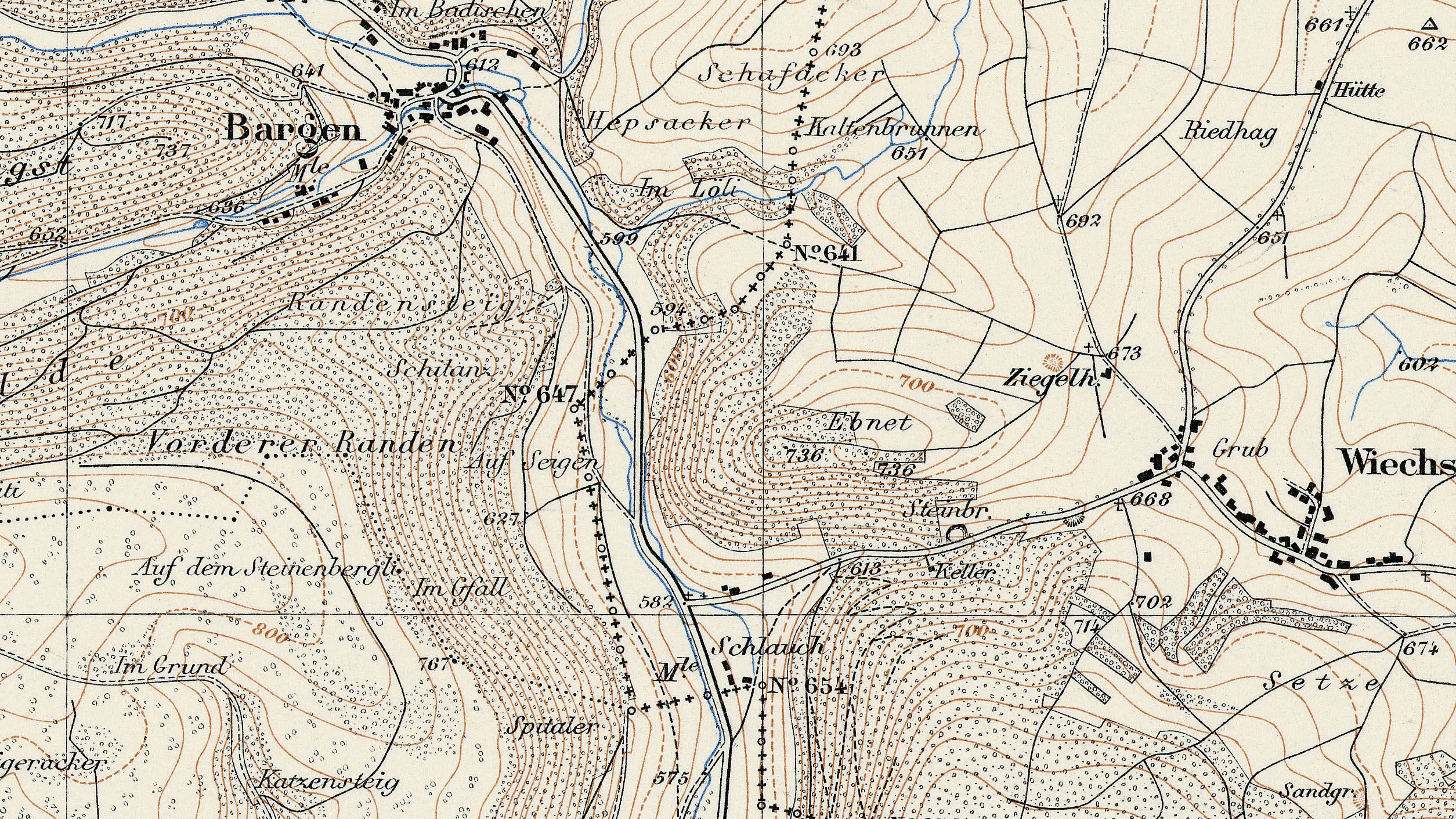 À Schlauch au sud de Bargen, la route cantonale traversait le territoire allemand comme le montre la carte Siegfried de 1914