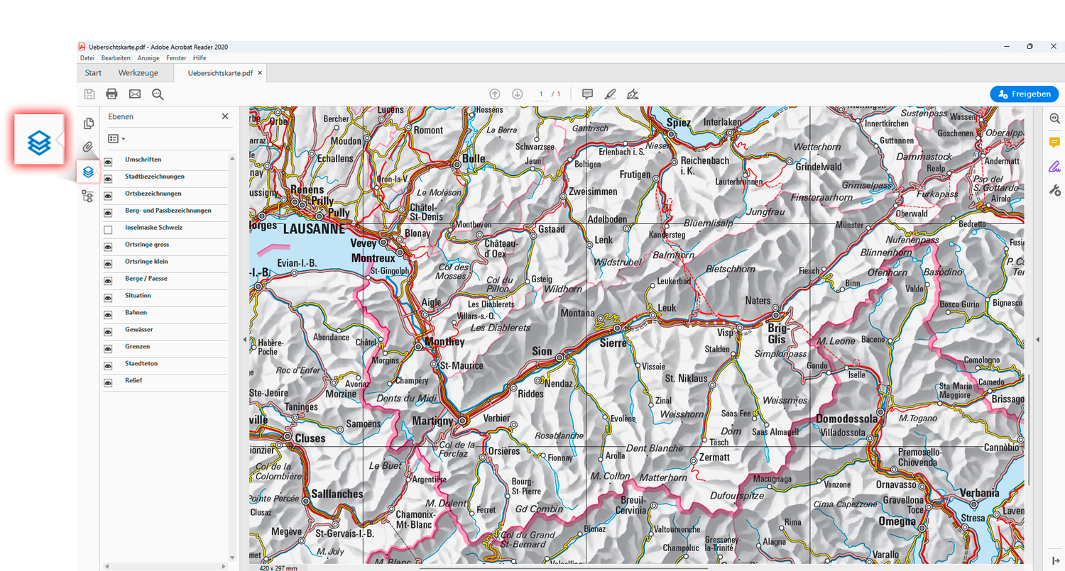 PDF dans Reader avec icône d'aperçu des calques