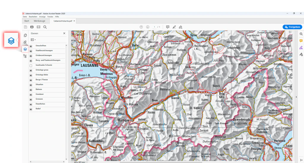 PDF dans Reader avec icône d'aperçu des calques