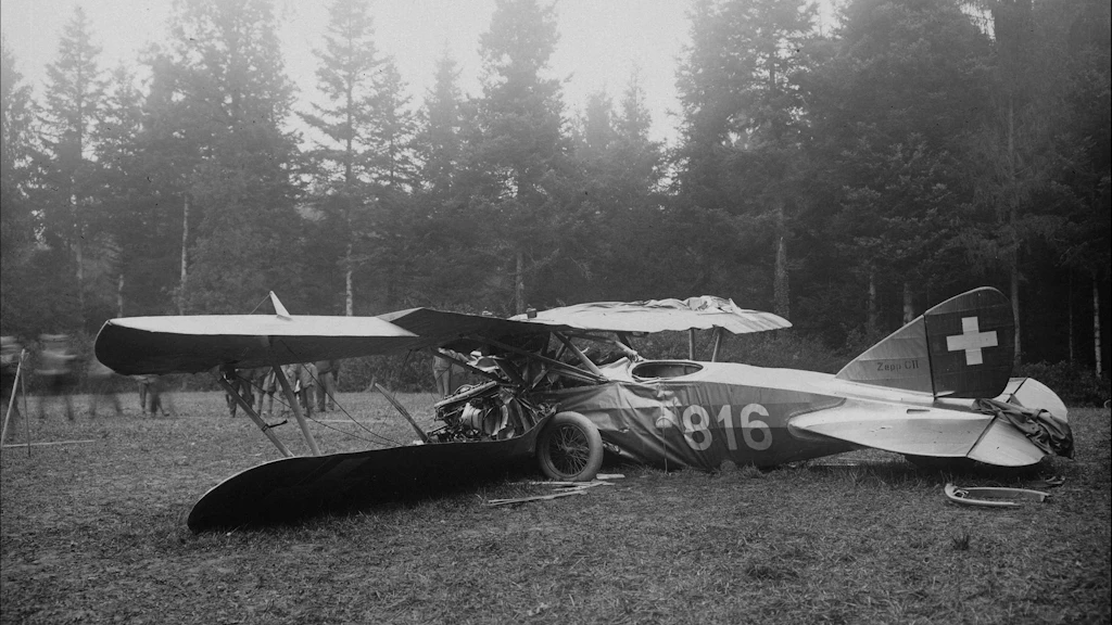 L'avion Zepp C-II, endommagé suite à un crash, dans une clairière.