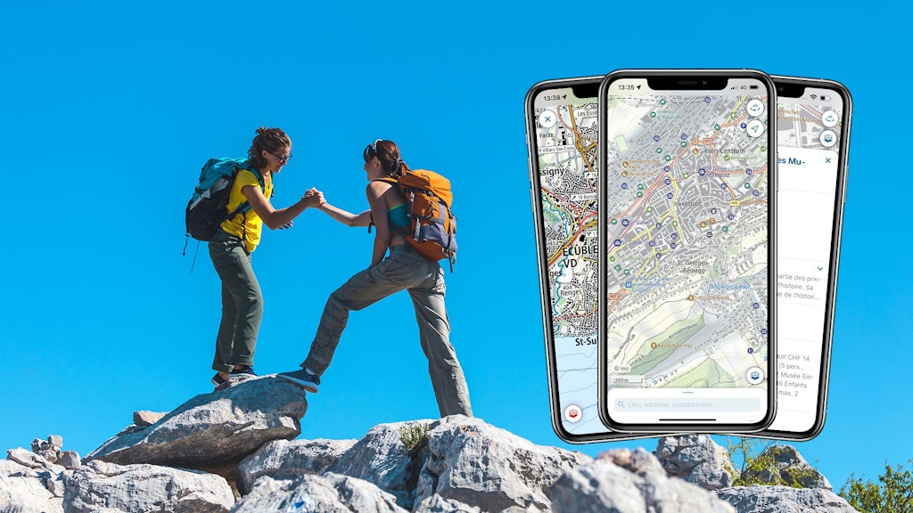 Captures d'écran Base Map dans l'app swisstopo avec des femmes se frappant dans les mains en arrière-plan