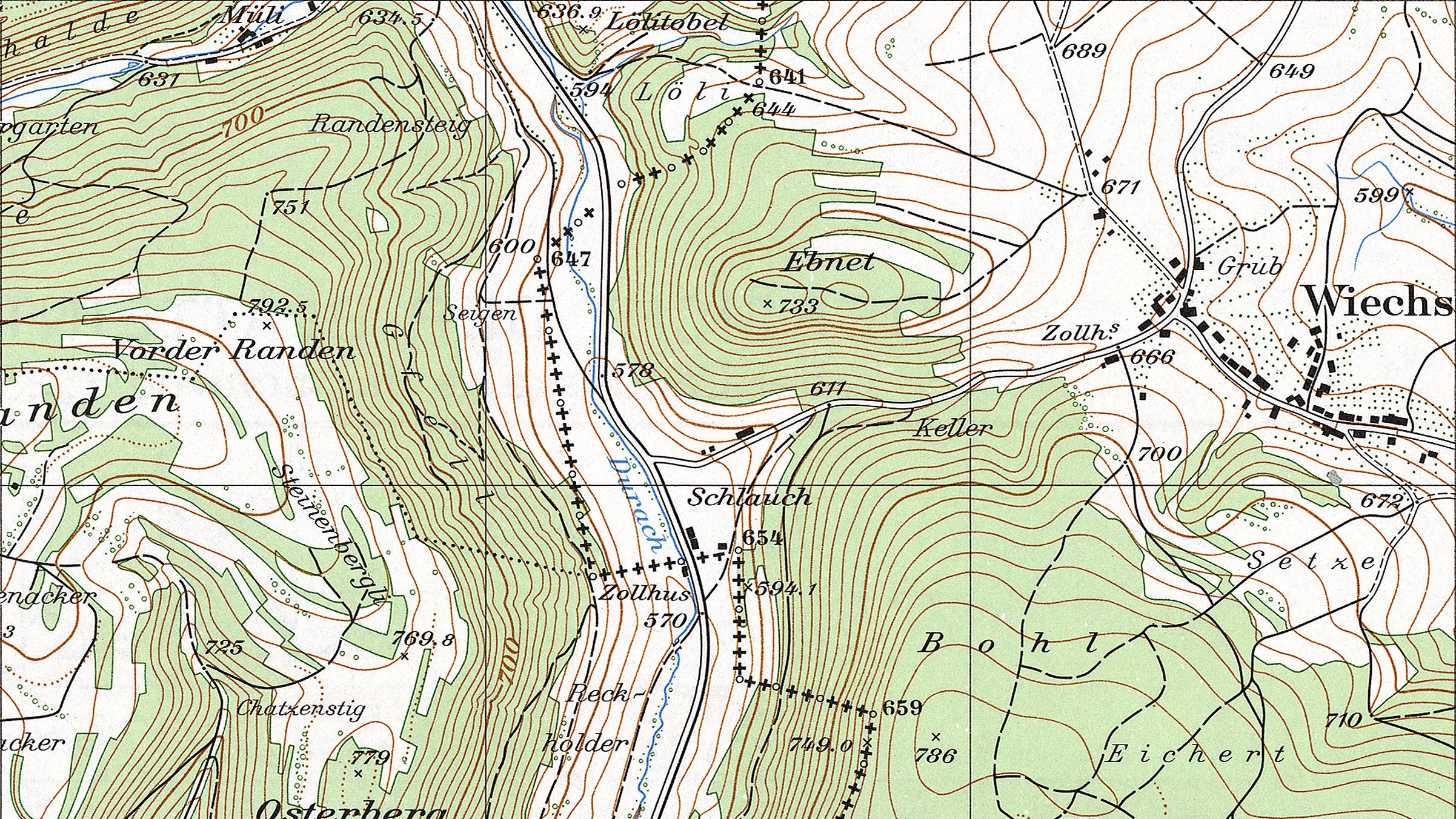 Zone frontalière près de Schlauch sur la carte nationale de 1956.
