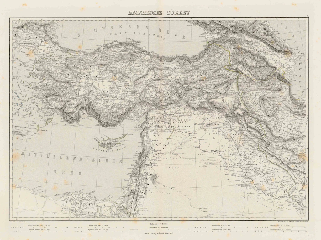 Carte en relief en noir et blanc représentant la Turquie actuelle, le Levant, l'Irak, le Caucase et le nord de l'Égypte.