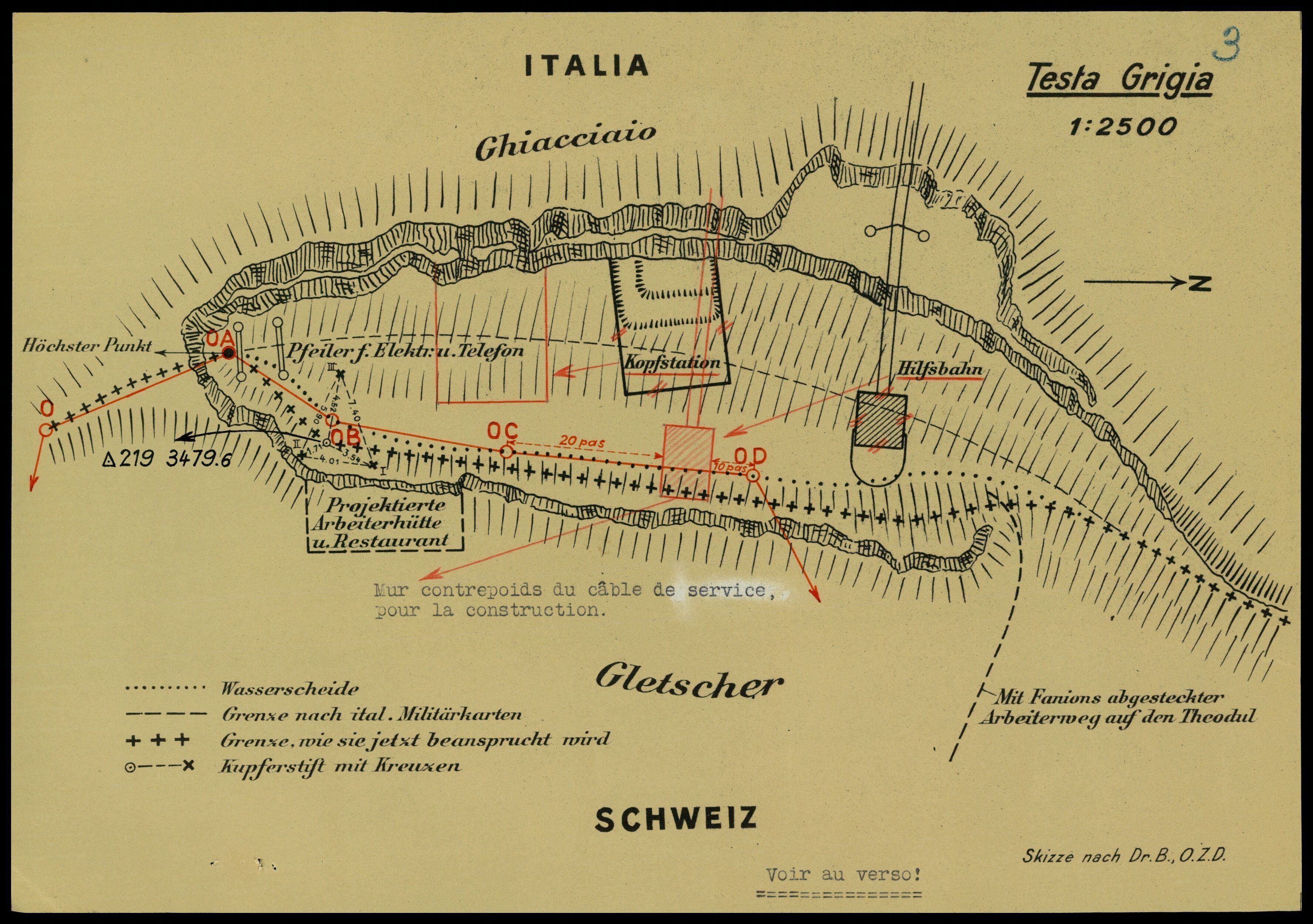 Esquisse avec différentes variantes du tracé de la frontière sur la Testa Grigia.